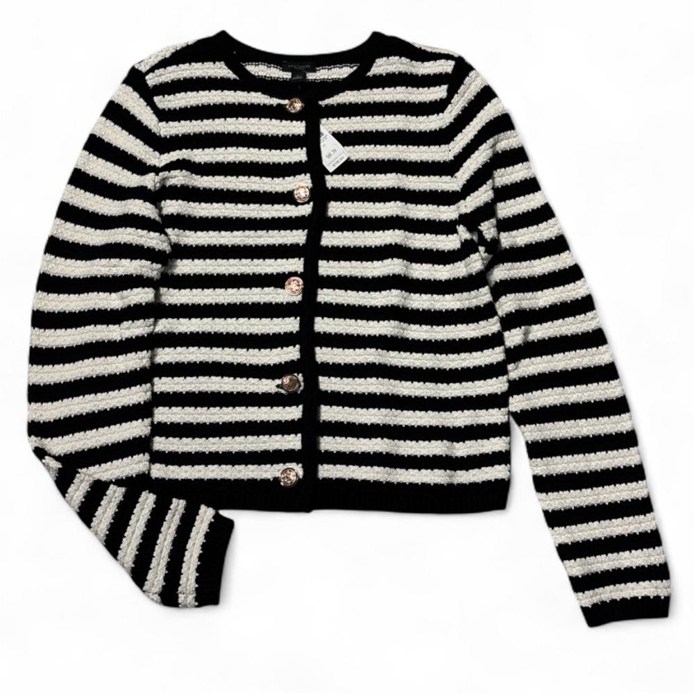 Ann Taylor Classic Black and Cream Striped Cardigan